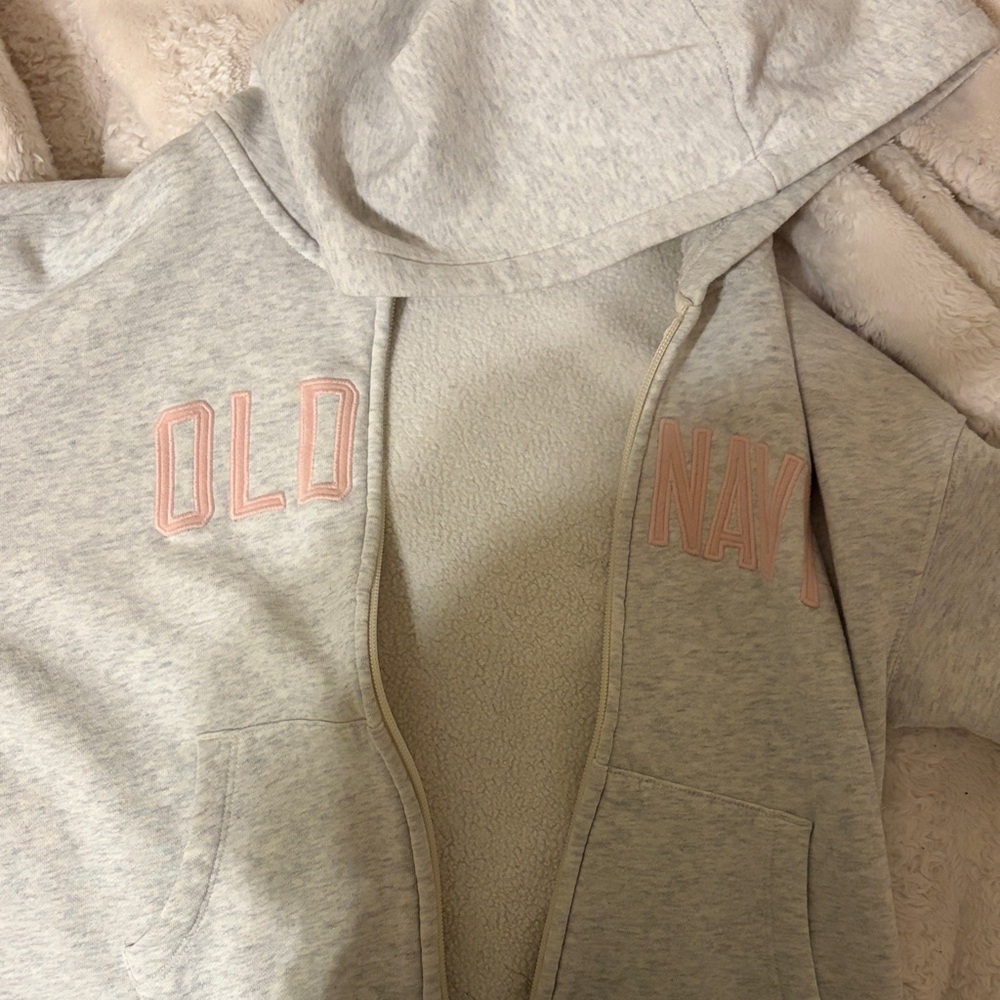 Old Navy Light Gray Hooded Zip-Up with Pale Pink Logo